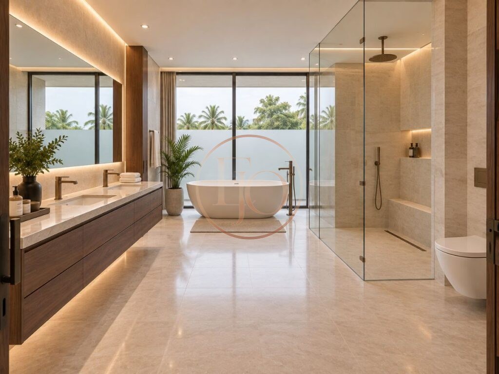 Luxury master bathroom with double vanity and freestanding bathtub